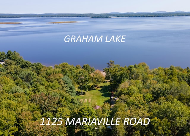 birds eye view of property with a water and mountain view