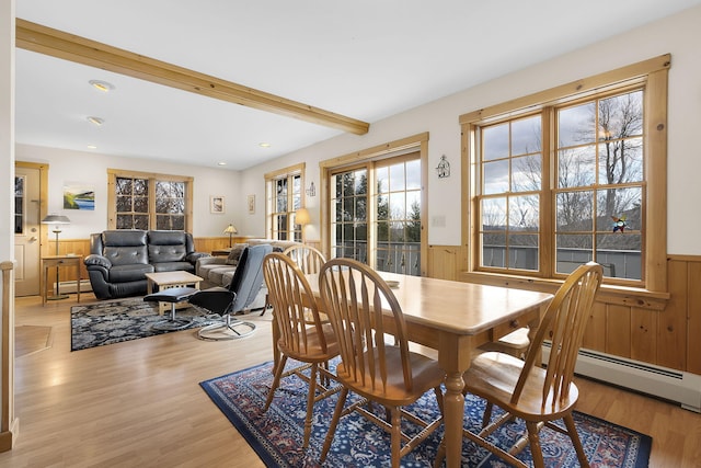 dining room with a wainscoted wall, baseboard heating, light wood-style floors, beamed ceiling, and recessed lighting