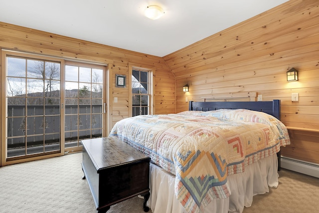 carpeted bedroom featuring lofted ceiling, a baseboard radiator, and wooden walls