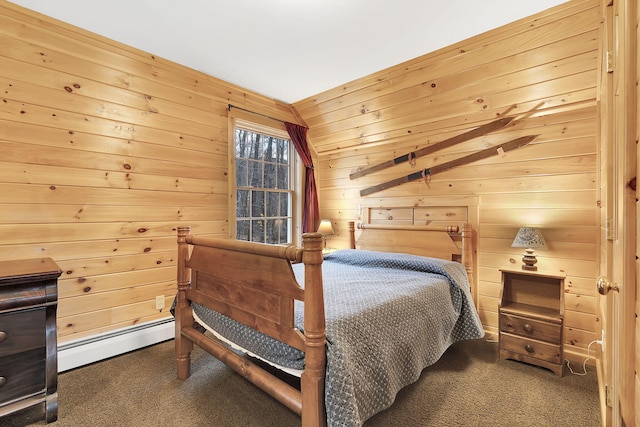 carpeted bedroom with lofted ceiling, baseboard heating, and wooden walls