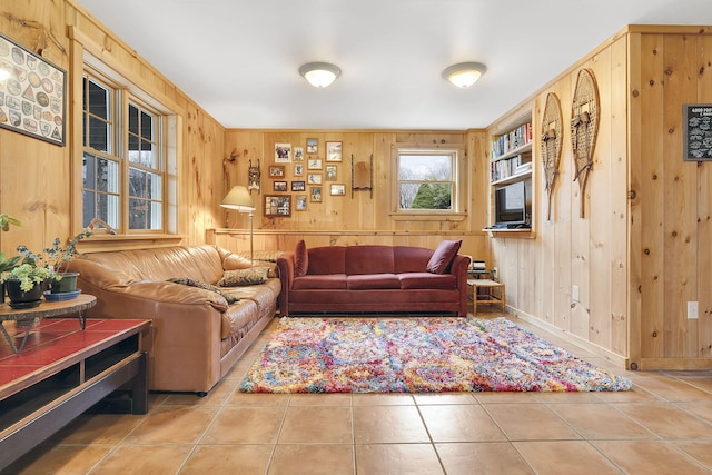 tiled living area with wooden walls
