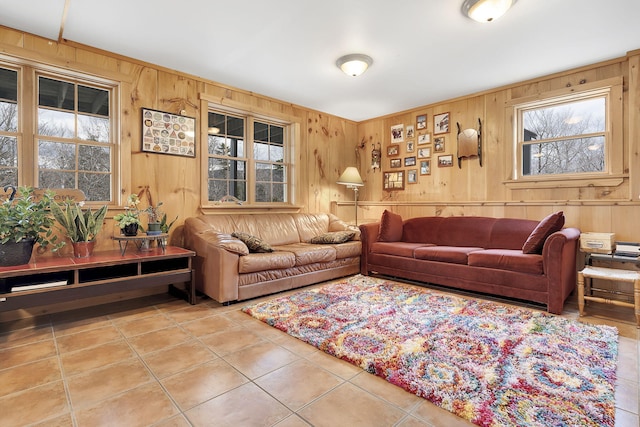 tiled living room with wooden walls