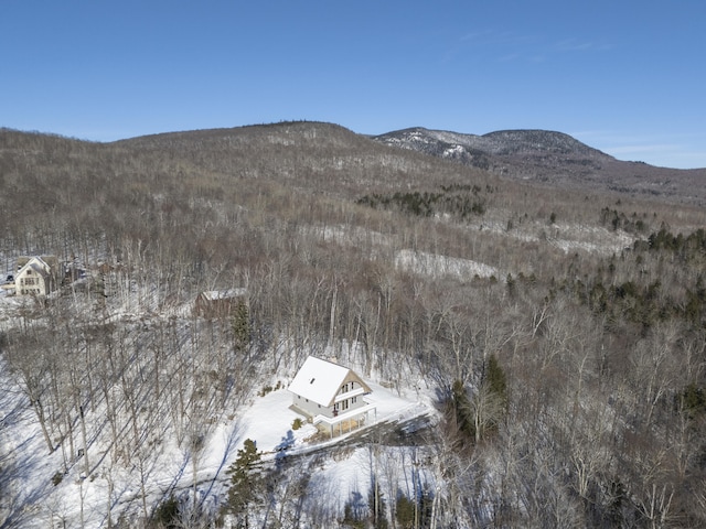 snowy aerial view with a mountain view