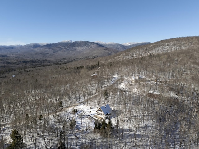 snowy aerial view with a mountain view