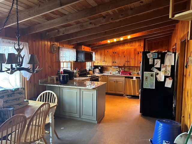 kitchen featuring wood ceiling, wooden walls, kitchen peninsula, stainless steel appliances, and stone counters