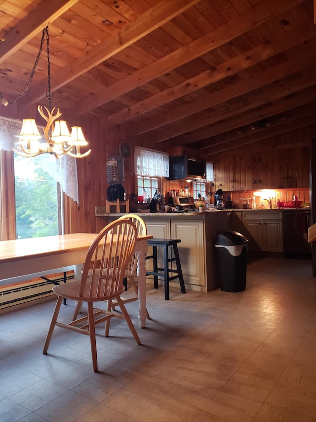 dining space featuring beam ceiling, wood walls, wooden ceiling, and a chandelier