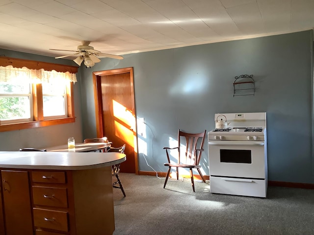 kitchen featuring ceiling fan, light carpet, crown molding, and white gas range oven