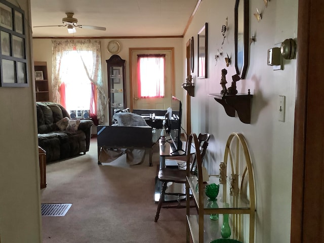 interior space featuring carpet, ceiling fan, and crown molding