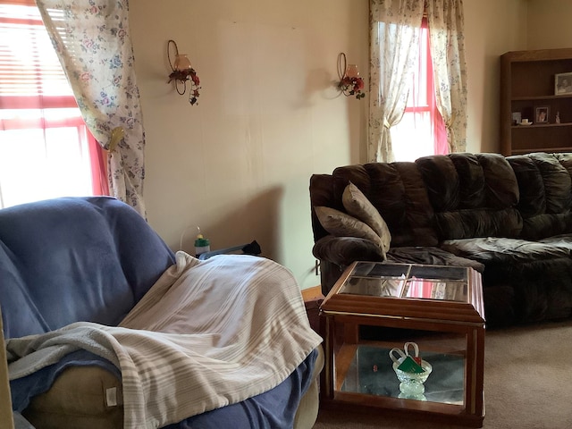 carpeted living room featuring plenty of natural light