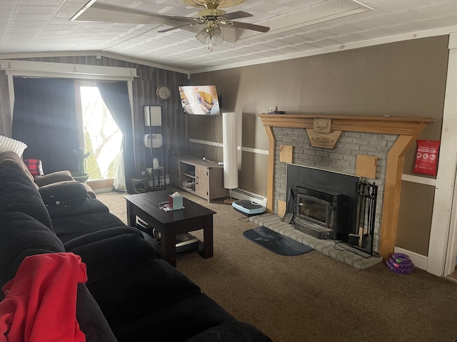 carpeted living room with ceiling fan and lofted ceiling