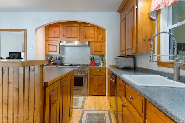 kitchen with sink, appliances with stainless steel finishes, decorative backsplash, and light hardwood / wood-style floors