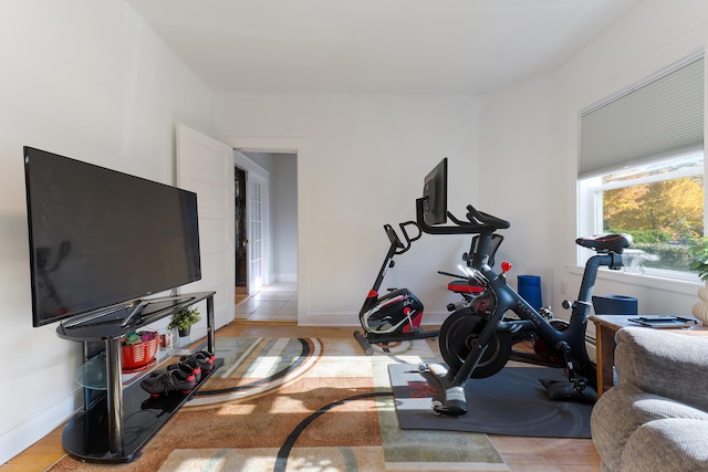 exercise room featuring light wood-type flooring