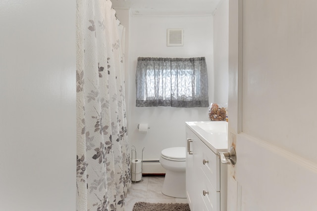 bathroom with vanity, curtained shower, baseboard heating, and toilet