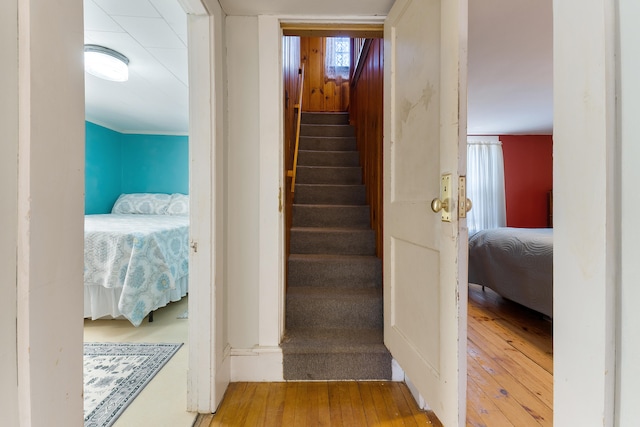 staircase featuring hardwood / wood-style flooring