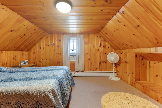 bedroom featuring wood ceiling, wood walls, carpet flooring, and a baseboard heating unit