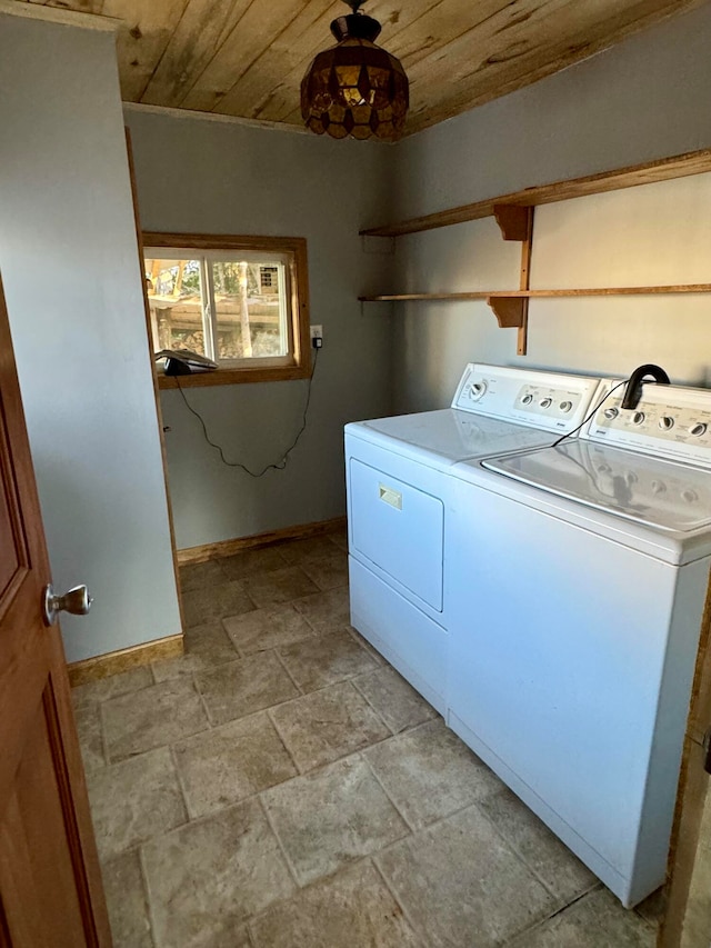 laundry room with wooden ceiling and washing machine and clothes dryer