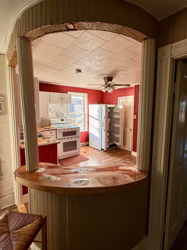 kitchen with white appliances, ceiling fan, and light wood-type flooring