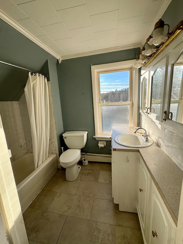 full bathroom featuring shower / bath combo, toilet, tile patterned flooring, ornamental molding, and vanity