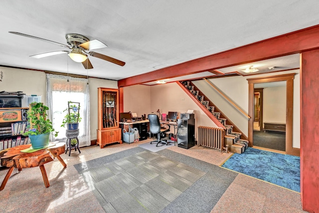office with ceiling fan and carpet