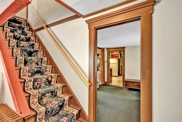 staircase with carpet flooring