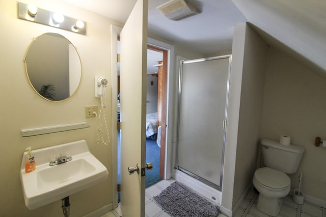 bathroom with toilet, a shower with shower door, sink, and tile patterned flooring