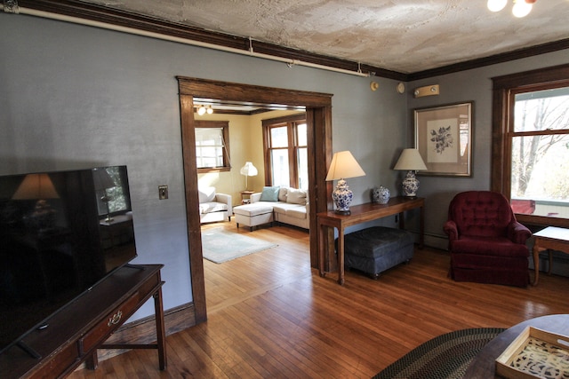 living room with ornamental molding and hardwood / wood-style flooring