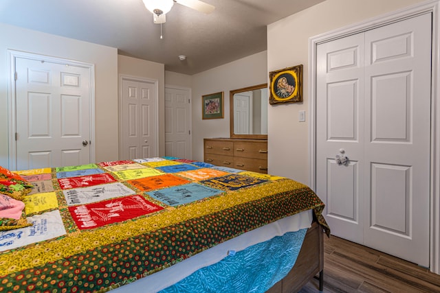 bedroom featuring multiple closets, dark hardwood / wood-style floors, and ceiling fan