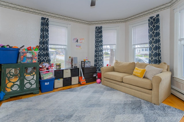 living area featuring a baseboard heating unit and hardwood / wood-style floors