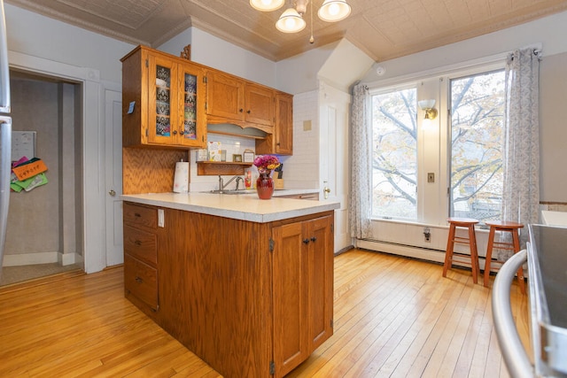 kitchen with tasteful backsplash, a baseboard radiator, ornamental molding, light hardwood / wood-style floors, and sink