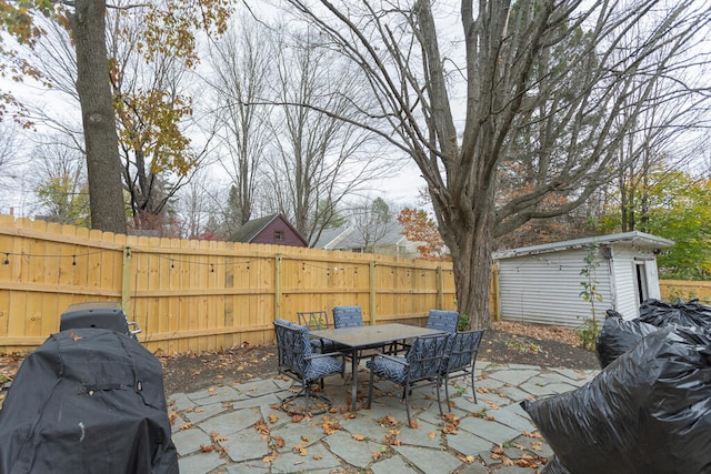 view of patio / terrace featuring area for grilling and a storage shed