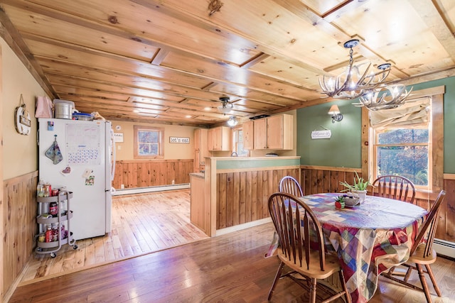 dining room featuring light wood-type flooring, wood ceiling, wooden walls, baseboard heating, and an inviting chandelier