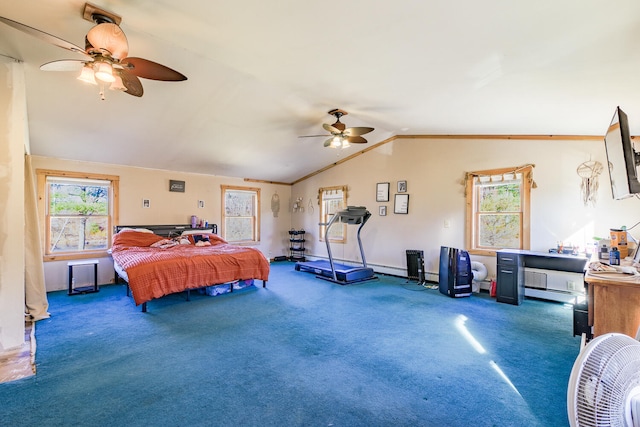 carpeted bedroom with ceiling fan and lofted ceiling