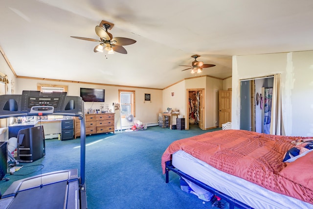 carpeted bedroom featuring a closet, ceiling fan, ornamental molding, and vaulted ceiling