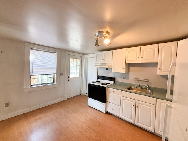 kitchen featuring white electric range oven, sink, white cabinetry, and light hardwood / wood-style flooring