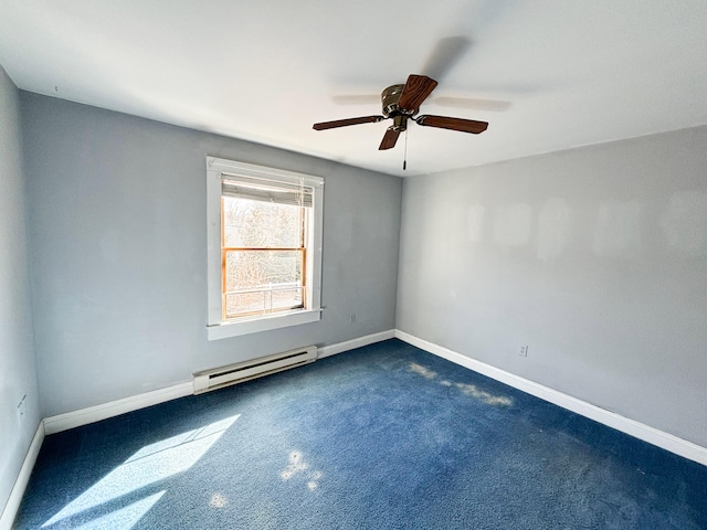 spare room featuring a baseboard heating unit, dark carpet, and ceiling fan