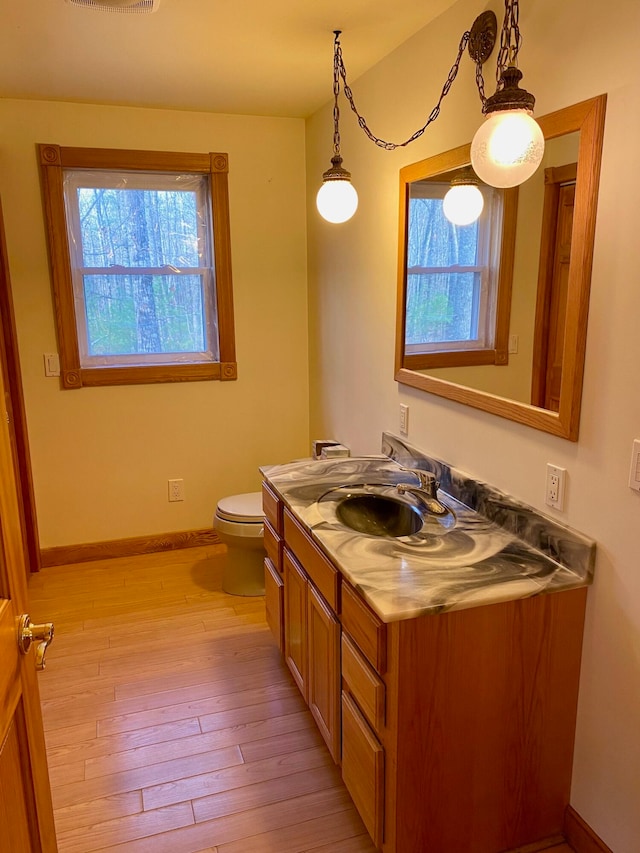 bathroom featuring a healthy amount of sunlight, toilet, hardwood / wood-style floors, and vanity