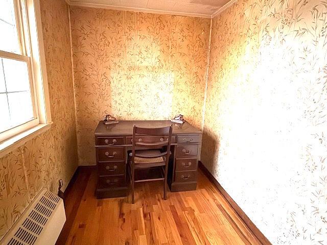 office area featuring hardwood / wood-style floors and crown molding