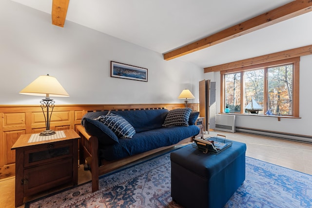 living room featuring tile patterned flooring, a baseboard radiator, and beam ceiling