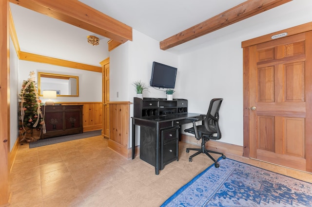 office featuring beamed ceiling