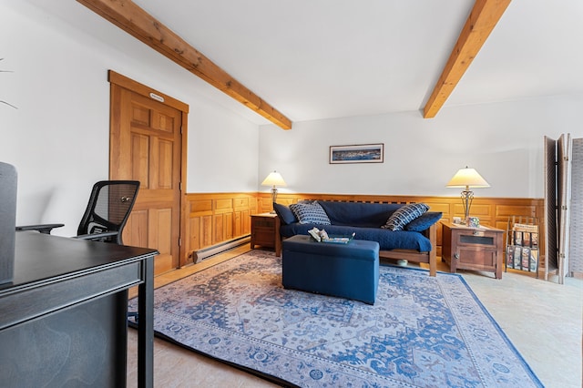 living room with hardwood / wood-style floors, baseboard heating, and beam ceiling