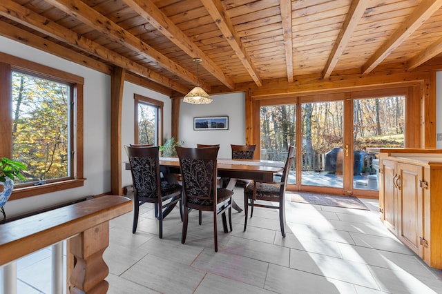 dining room featuring wood ceiling, light tile patterned floors, and beam ceiling