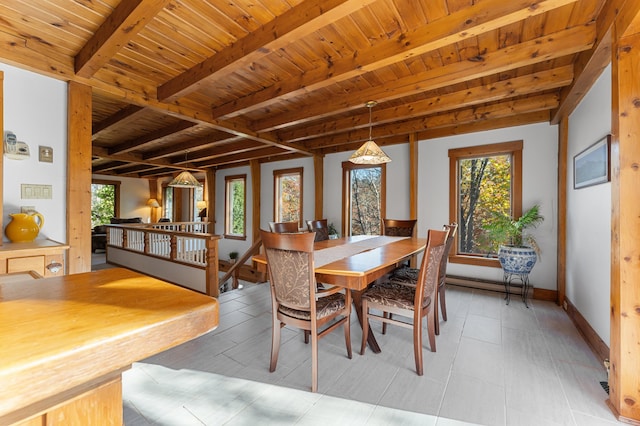 tiled dining room featuring beam ceiling and wooden ceiling