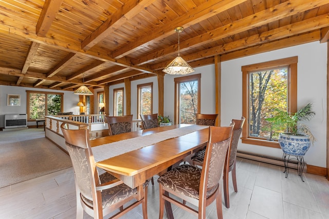 dining space featuring beamed ceiling, wooden ceiling, and light tile patterned floors