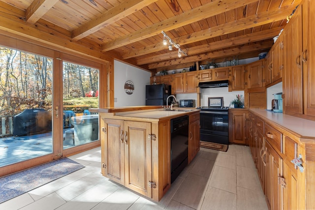 kitchen with sink, black appliances, beam ceiling, an island with sink, and wood ceiling