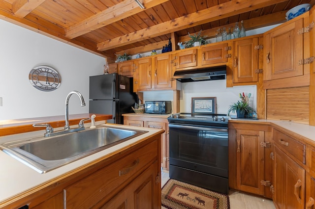 kitchen with wooden ceiling, beam ceiling, sink, and black appliances