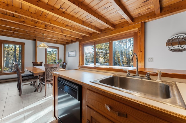 kitchen featuring dishwasher, a wealth of natural light, and wooden ceiling