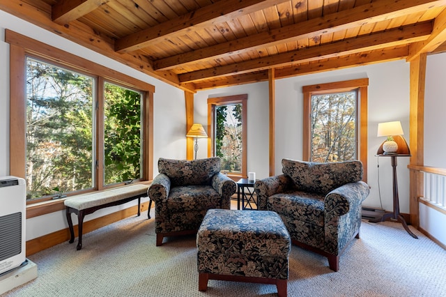 sitting room featuring beam ceiling, wooden ceiling, and plenty of natural light