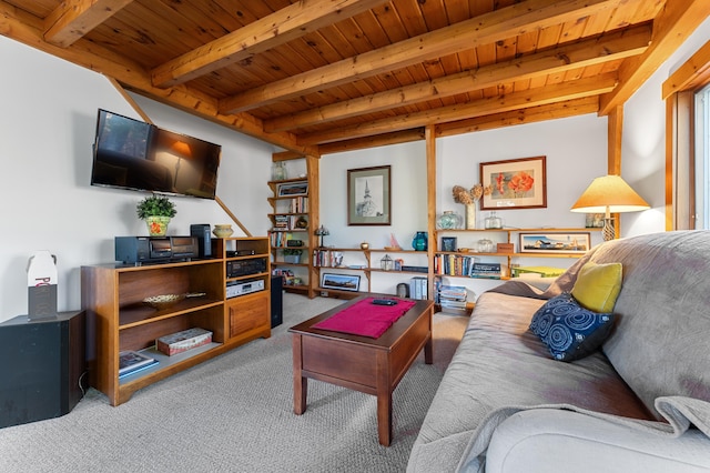 carpeted living room featuring beamed ceiling and wood ceiling