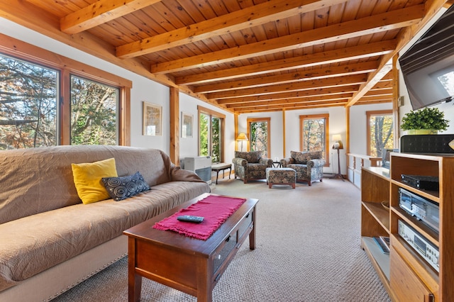 living room featuring wooden ceiling, a healthy amount of sunlight, and beam ceiling