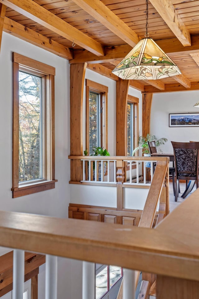 staircase with wood ceiling and beam ceiling